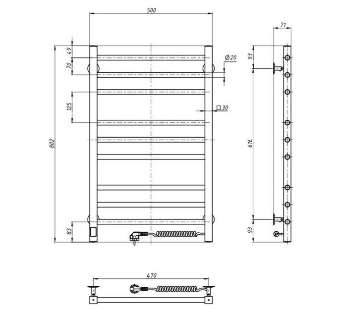 Рушникосушарка Класик Квадро 500х800 Sensor з таймером, права 10-016053-5080
