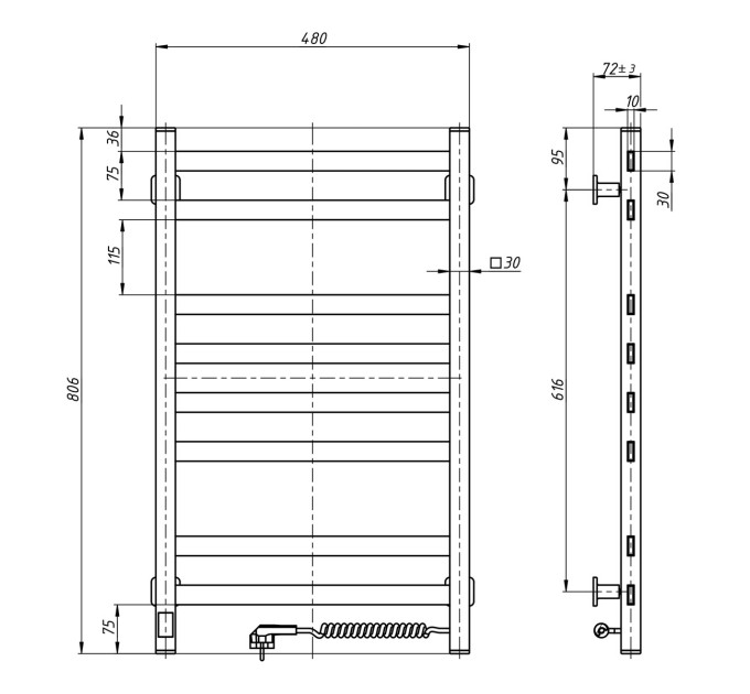 Рушникосушарка Авангард 480х800 Sensor правобічна з таймером 10-028053-4880